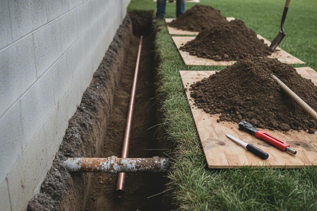 Excavated water line trench during Water Heater Repair in Spencer